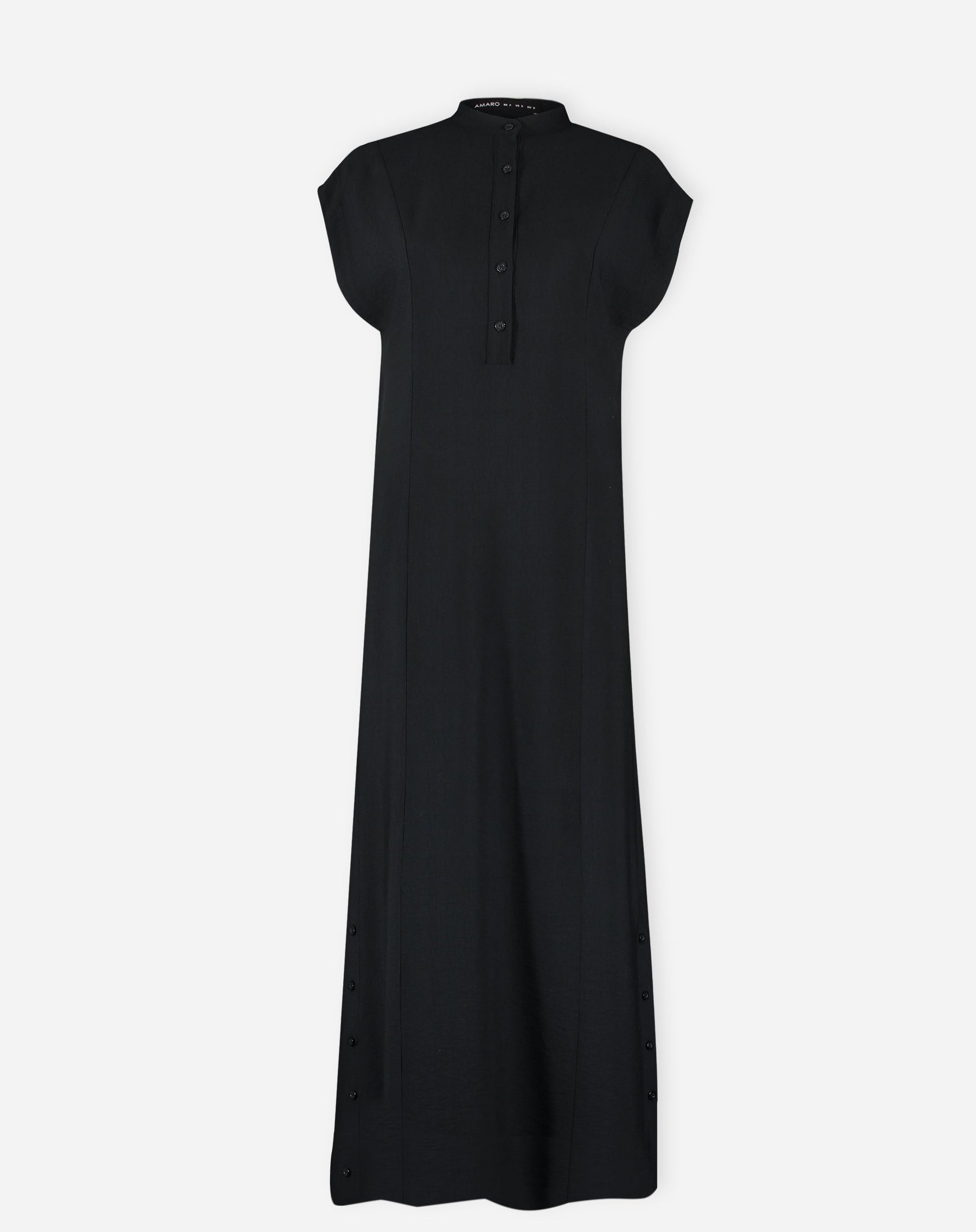 Vestido Longo Manga Curta Fechamento Gola e Lateral Botão - Preto