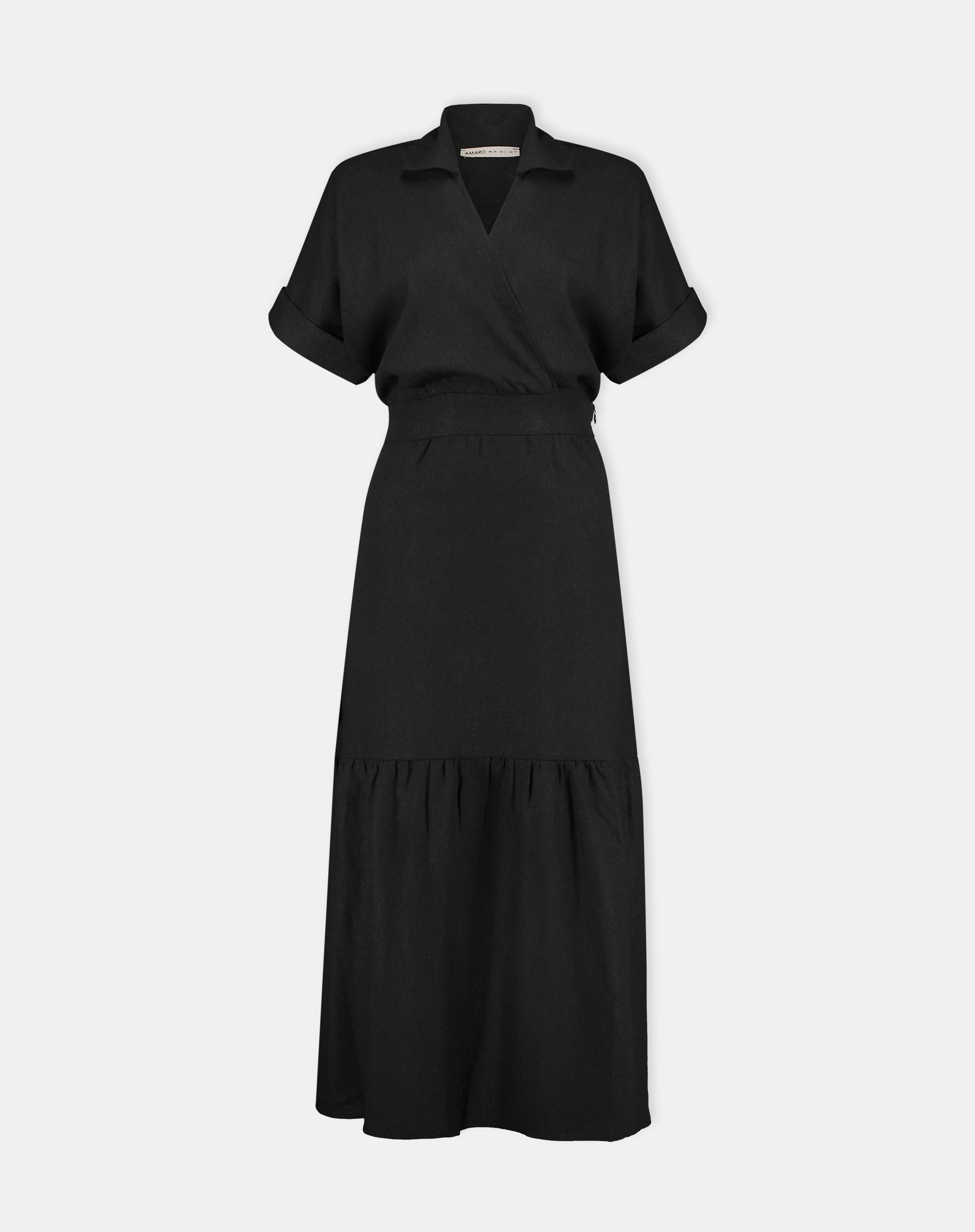 VESTIDO LONGO DECOTE V COM GOLA - PRETO