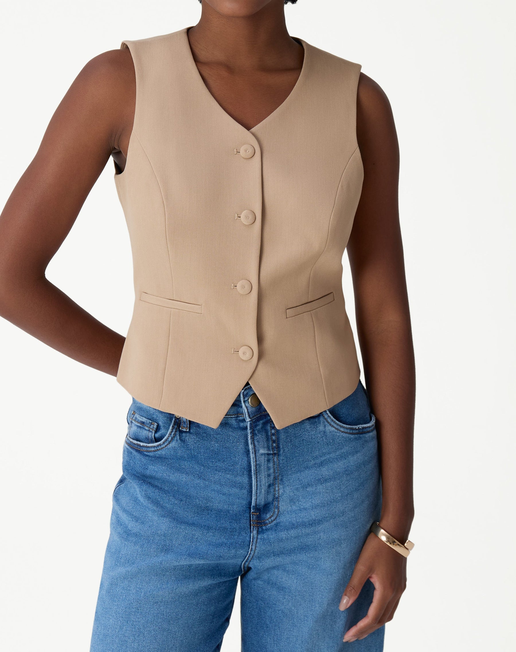 COLETE SLIM COM BOTÃO FORRADO ALFAIATARIA - BEGE