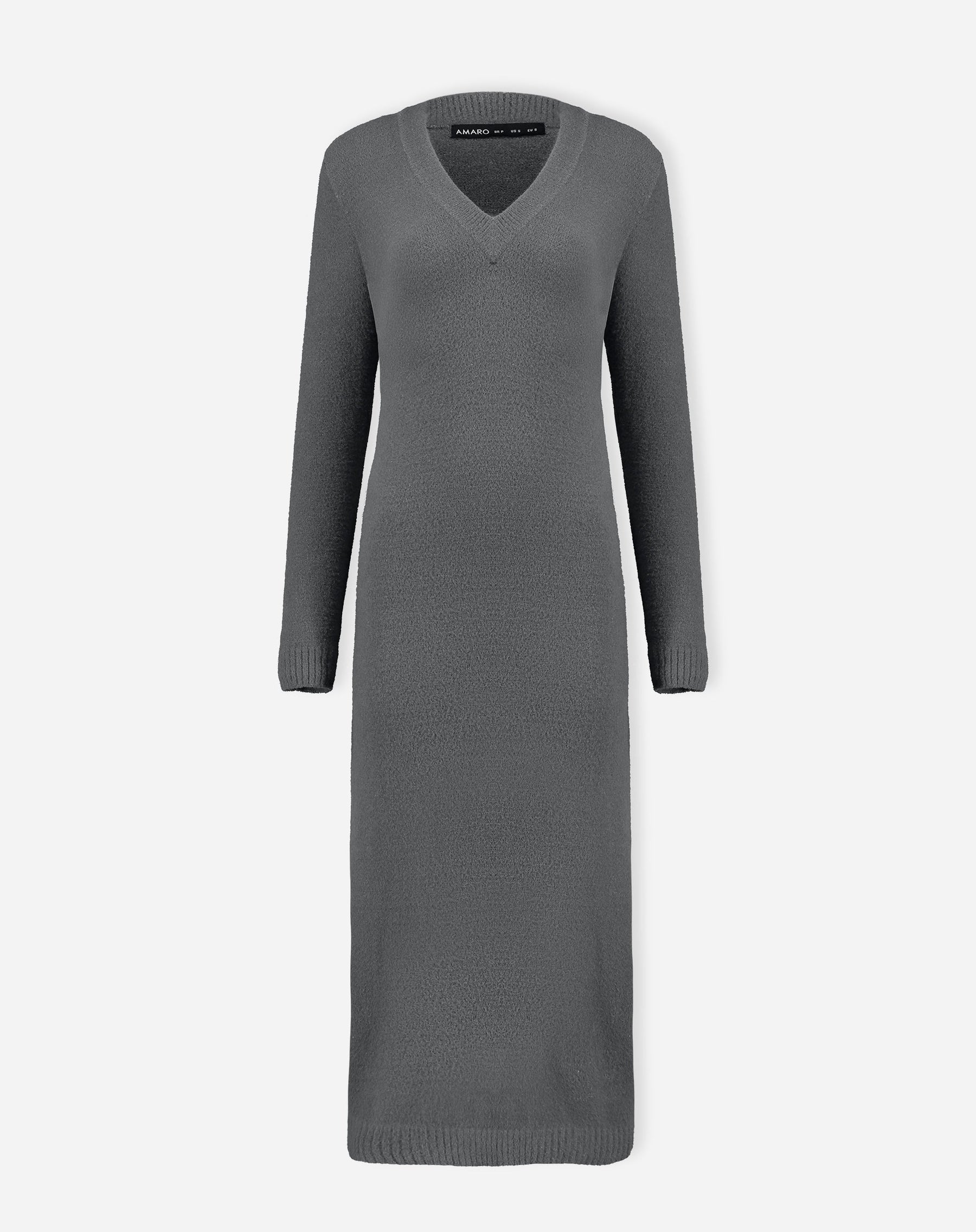 VESTIDO MÍDI TRICOT MANGA LONGA - CHUMBO