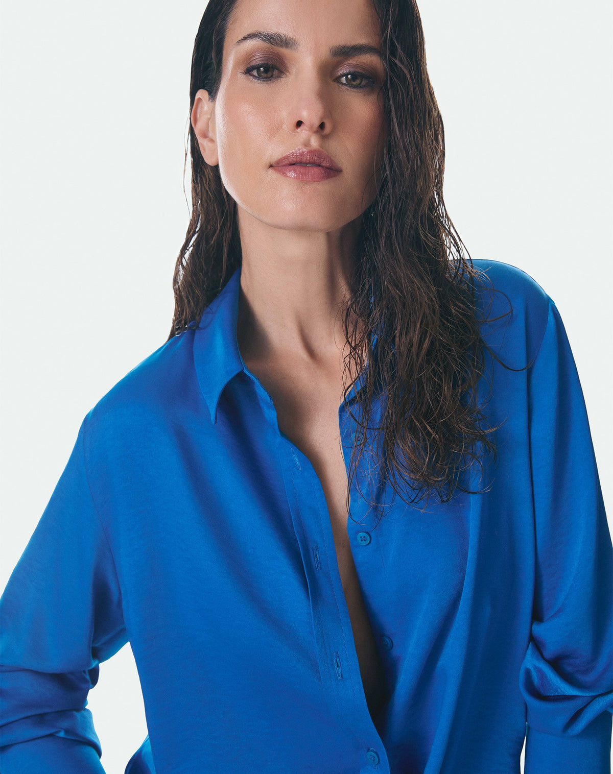 CAMISA MANGA LONGA DE CETIM - AZUL