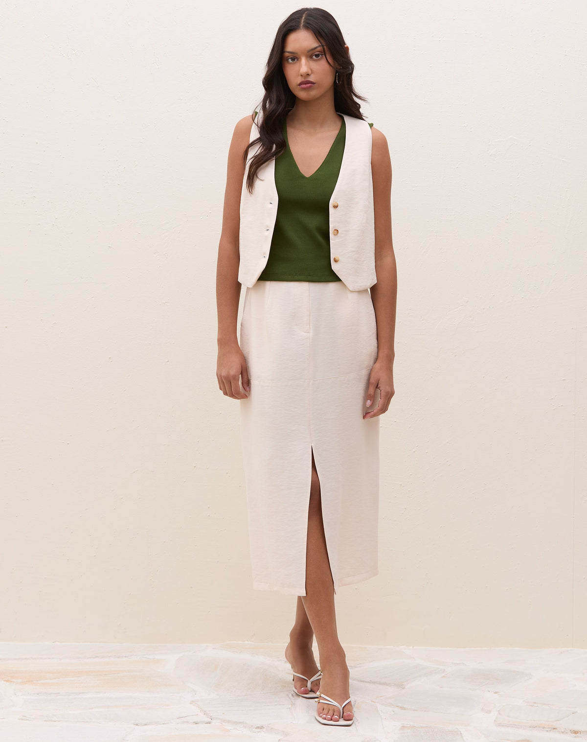 SAIA MIDI COM FENDA FRONTAL ALFAIATARIA - MANTEIGA