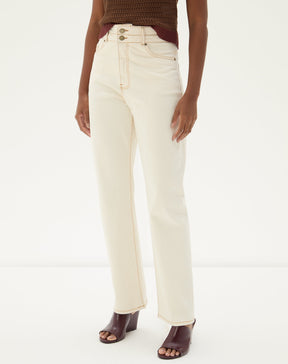 CALÇA RETA CINTURA ALTA SARJA - BEGE