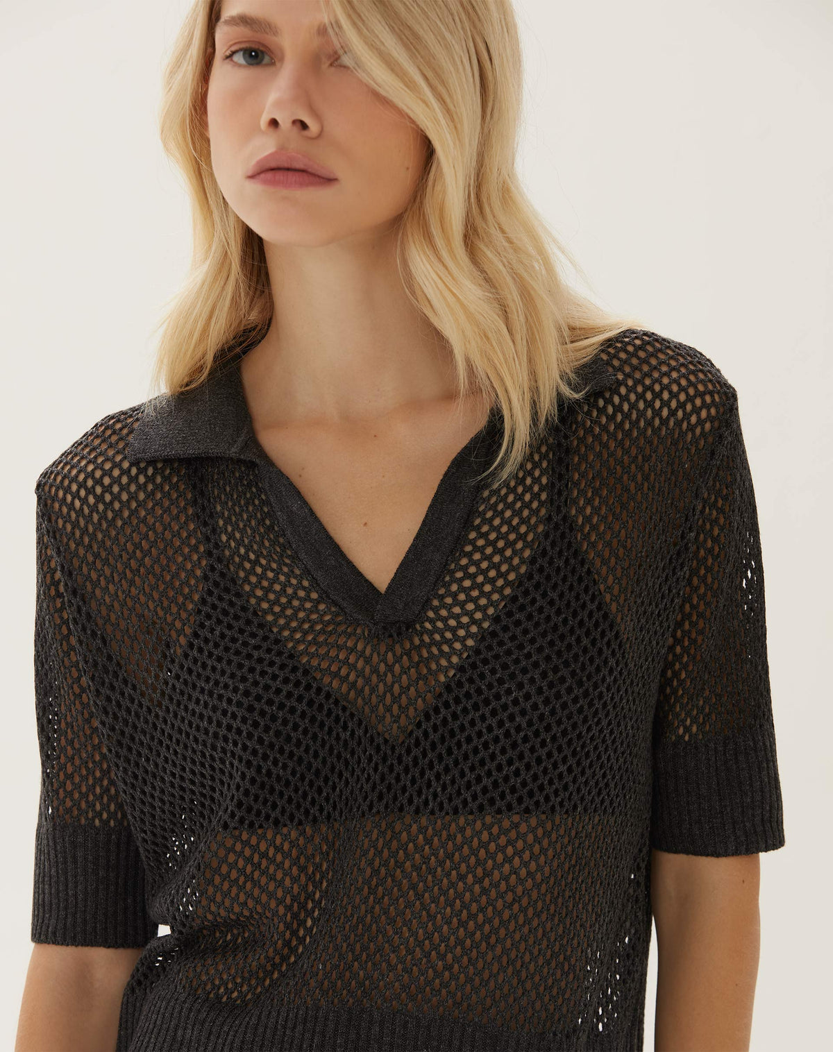 Blusa Polo de Tricot Telado - Chumbo