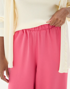 Calça Wide Leg Cós Elástico com Pregas - Coral