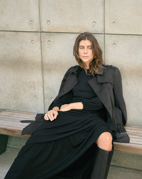 Vestido Longo com Recortes de Malha - Preto