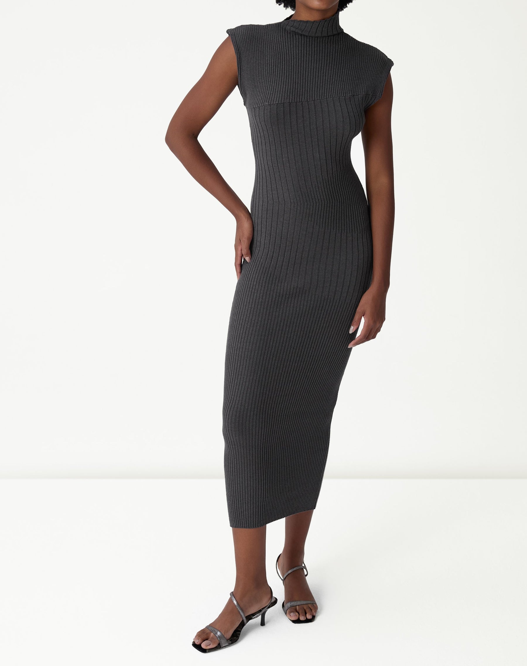 VESTIDO MIDI TRICOT RIB - CINZA MESCLA ESCURO