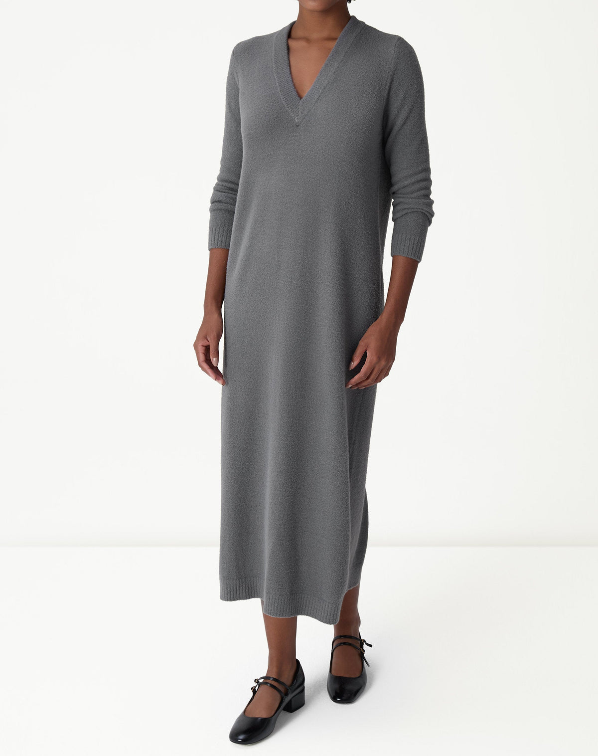 VESTIDO MÍDI TRICOT MANGA LONGA - CHUMBO