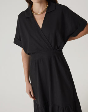 VESTIDO LONGO DECOTE V COM GOLA - PRETO