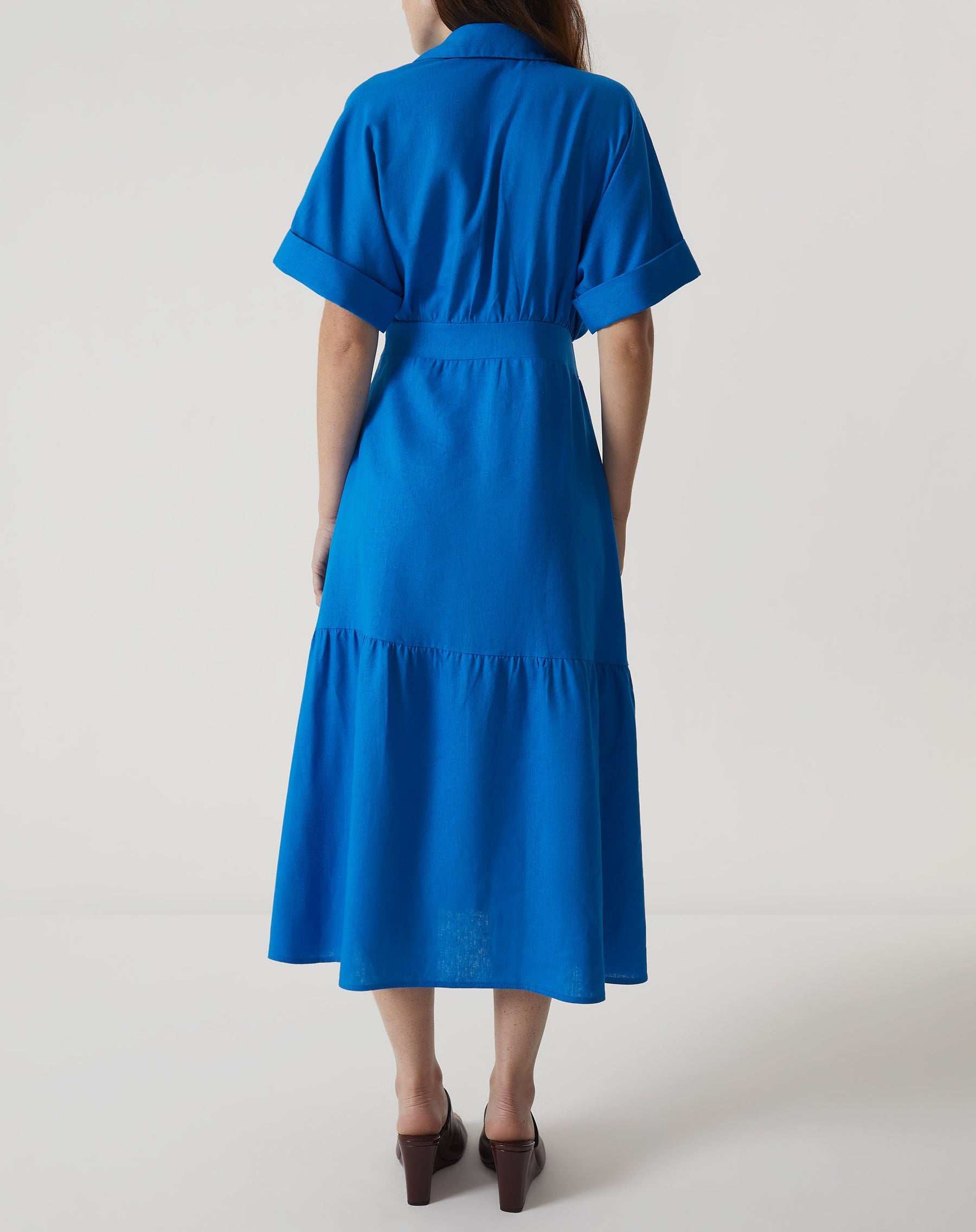 VESTIDO LONGO DECOTE V COM GOLA - AZUL