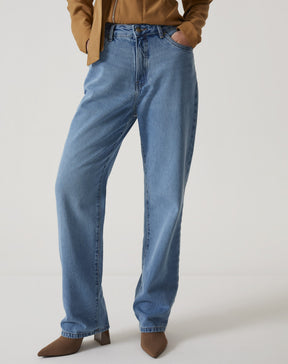 Calça Jeans Reta Cintura Alta - Azul Médio